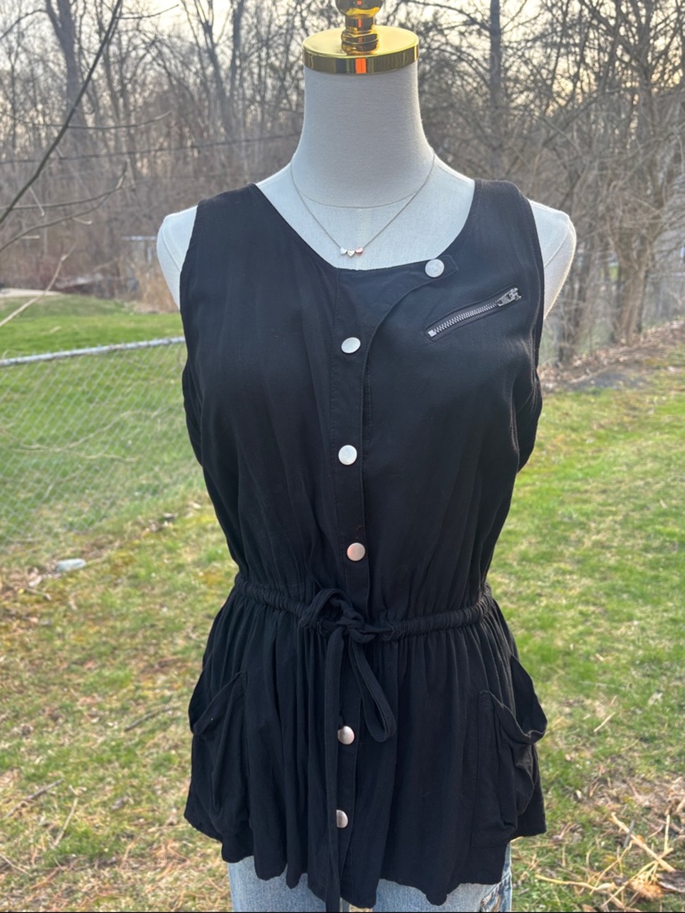 Forever 21 Black Button-Front Drawstring Waist Tank